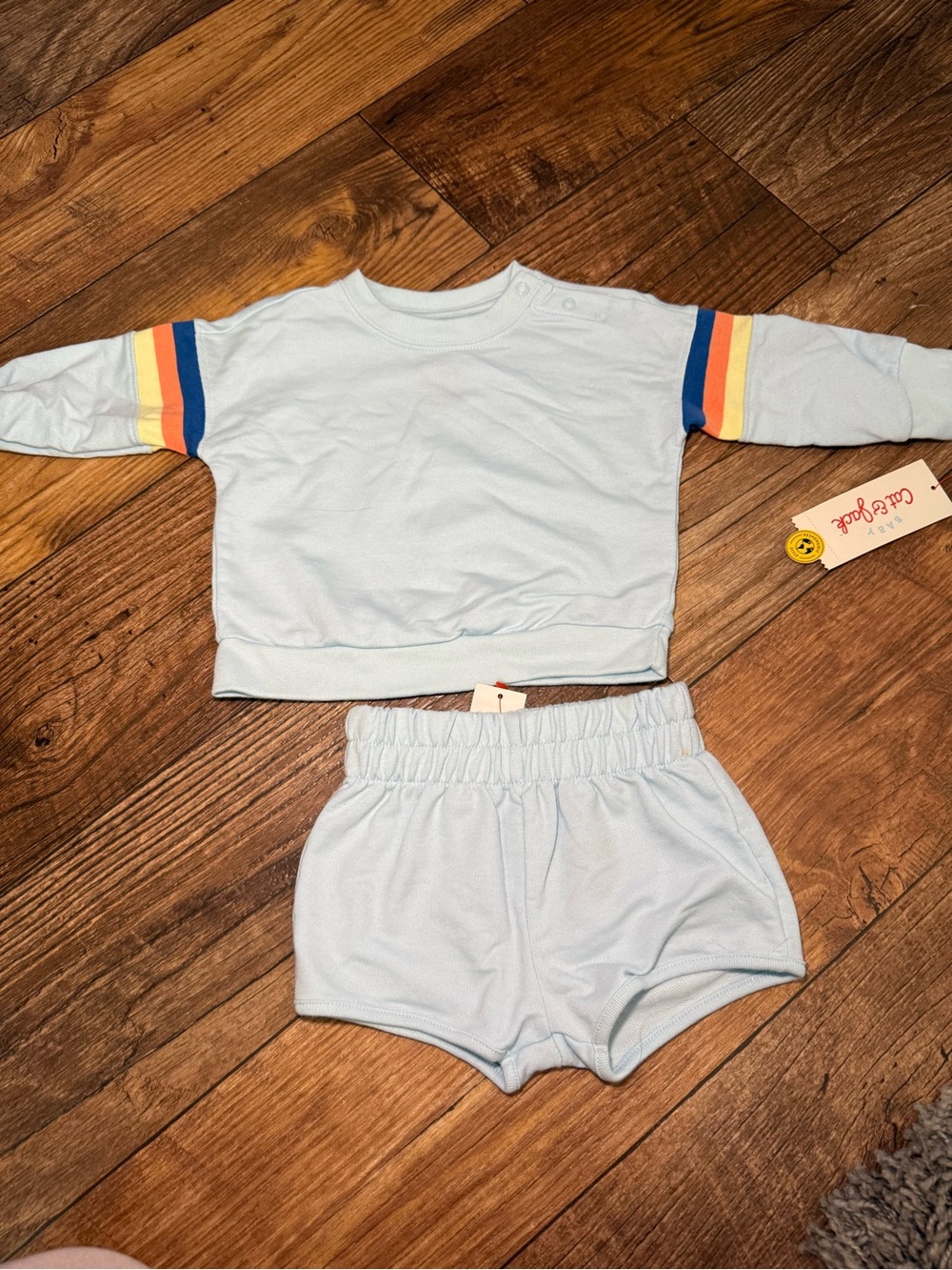 Cat & Jack Light Blue Kids Sweatshirt and Shorts Set with Rainbow Sleeve Stripes